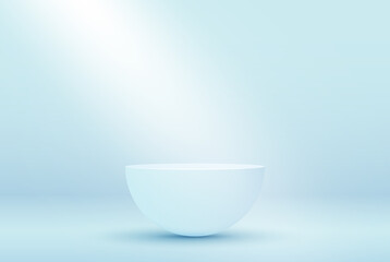 Stage podium on a light blue studio background. Realistic vector clean circle, pedestal, pillar, pedestal. Blank vector prize stand with projector for advertising design.