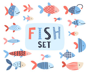 Doodle fishes vector set. Sea naive fish collection. Bundle of decorated underwater animals.
