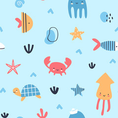 Cute sea animals baby pattern. Marine life seamless vector print for shower fabric and kids apparel.