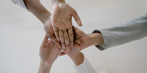 Panoramic teamwork business join hand together concept, Business team standing hands together,...