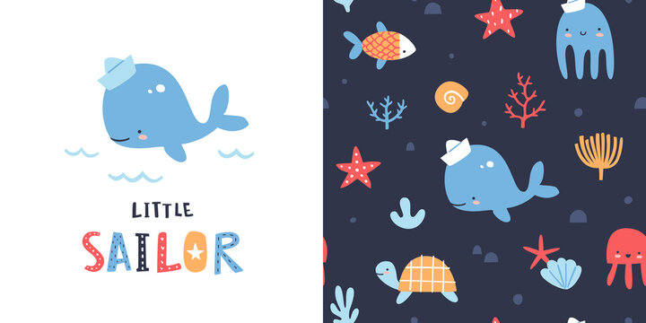 Cute underwater sea pattern with single print. Happy aquatic animals seamless vector collection for kids apparel.