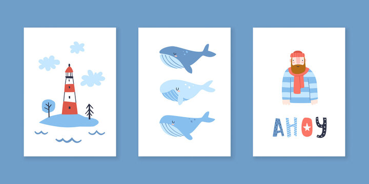 Collection of marine prints for wall art. Set of doodle sea posters for nursery.
