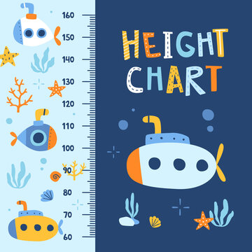 Underwater height chart with submarine. Marine baby wall ruler with seabed. Nautical stadiometer for kids.