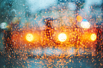 Headlights through glass with rain drops. Blur bokeh, defocused background