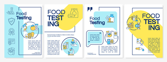 Food products evaluation blue and yellow brochure template. Certification exam. Leaflet design with linear icons. 4 vector layouts for presentation, annual reports. Questrial, Lato-Regular fonts used