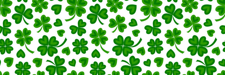 Shamrock seamless pattern vector, clover leaf background for St Patrick Day, irish texture with four luck leaves. Spring holiday illustration