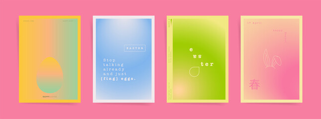 Fototapeta premium Japanese hieroglyph - spring. Easter hunt card cover or poster template design set. Spring aesthetic japanese gradient graphic backgrounds. Pale blue, pink, green vibrant colors.
