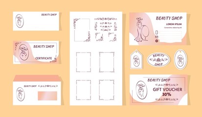 Beauty shop corporate identity. Image of a lady in evening dress with mirror. Bonus hand drawn floral frames, flourishes