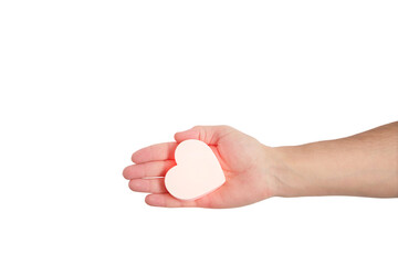 Hot white heart in mans hand on white background.