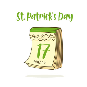 17 march. St. Patrick's Day. Lettering and calendar with date. Cartoon. Vector illustration. Isolated on white background