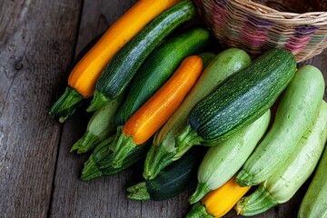 A set of multi-colored zucchini yellow, green, white, orange on the table close-up. Food background. Fresh harvested courgette, cropped summer squash. Picked green courgettes. Still life in kitchen.