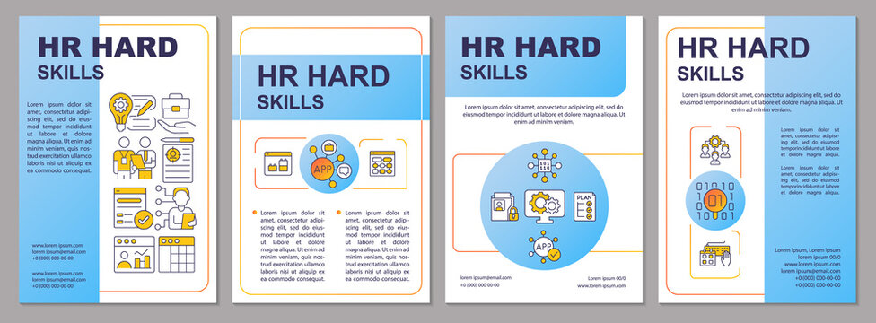 Hard skills of HR blue brochure template. Business and hiring. Leaflet design with linear icons. 4 vector layouts for presentation, annual reports. Arial, Myriad Pro-Regular fonts used