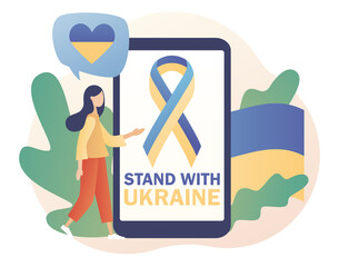 Ukrainian flag stripe ribbon on smartphone screen. Blue and yellow tape. Flag of Ukraine. Stand with Ukraine. Stop war. No war. Modern flat cartoon style. Vector illustration on white background