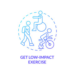 Get low-impact exercise blue gradient concept icon. Improving joint health naturally tip abstract idea thin line illustration. Fitness. Isolated outline drawing. Myriad Pro-Bold font used