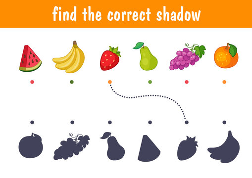 Set of cute fruits, watermelon, grapes, pear, strawberry, banana, mango. Find the correct shadow. Educational game for children. Cartoon vector illustration, color clipart.
