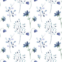 Watercolor, seamless pattern with blue, delicate flowers