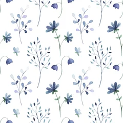 Fototapete Blau weiß Aquarell, nahtloses Muster mit blauen, zarten Blumen