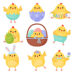 Cute easter chick cartoon character set, Adorable little chick in different situations.