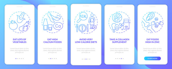Supporting bones health blue gradient onboarding mobile app screen. Walkthrough 5 steps graphic instructions pages with linear concepts. UI, UX, GUI template. Myriad Pro-Bold, Regular fonts used