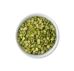 Raw dried green peas in a bowl isolated over white background