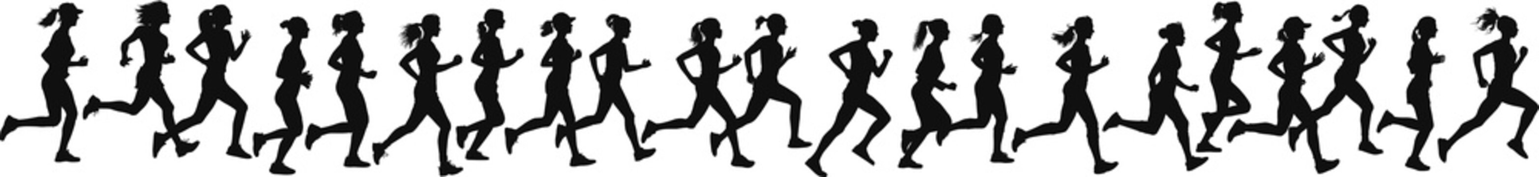 Group of running women side view of vector runner silhouette