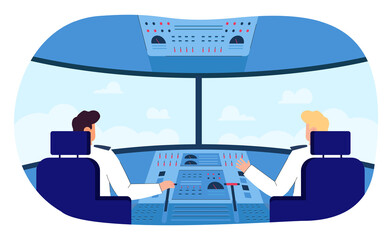 Back view of pilot and copilot inside cockpit during flight. Cabin crew flying airplane using control panel flat vector illustration. Aviation, transportation concept for banner or landing web page © PCH.Vector