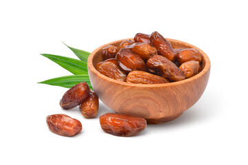 Dried Date palm fruits in wooden bowl isolate on white background.