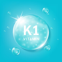 Serum collagen vitamin K1, Bluedrop water. Vitamin complex with Chemical formula from nature. Medical and scientific concepts. Beauty treatment nutrition skin care design. 3D Realistic Vector EPS10.