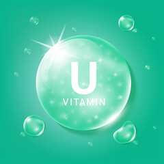 Fototapeta na wymiar Serum collagen vitamin U, Green drop water. Vitamin complex with Chemical formula from nature. Medical and scientific concepts. Beauty treatment nutrition skin care design. 3D Realistic Vector EPS10.