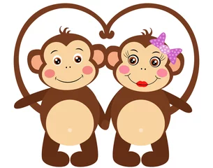 Papier Peint photo Singe Joli couple de singes en forme de coeur avec des queues