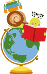 Fototapeta premium Cute snail reading book on top of globe