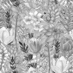 Tropical flowers seamless pattern. Watercolor illustration. 