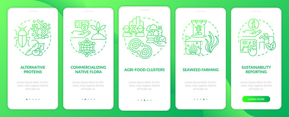 Agricultural trends green gradient onboarding mobile app screen. Farming walkthrough 5 steps graphic instructions pages with linear concepts. UI, UX, GUI template. Myriad Pro-Bold, Regular fonts used