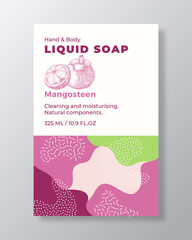 Liquid Soap Package Label Template. Abstract Shapes Camo Background Vector Cover. Cosmetics Packaging Design. Modern Typography and Hand Drawn Mangostine with Half Sketch Isolated