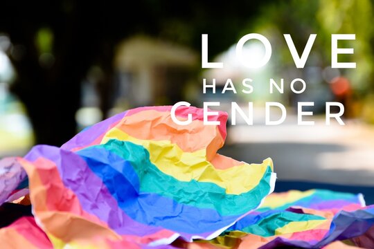 Love has no gender' on blurred rainbow flag background, concept for celebrations of lgbtq+ communities around the world in pride month, June, every year.