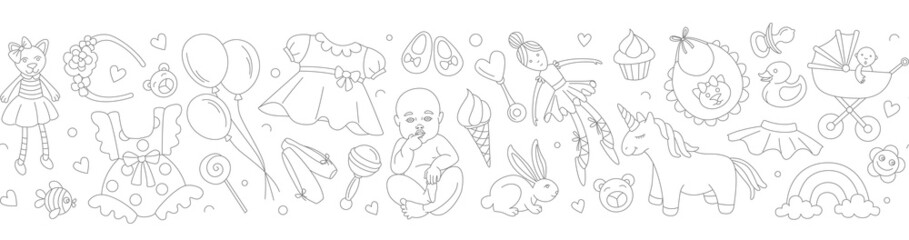 Newborn girl baby shower seamless pattern thin line doodle style