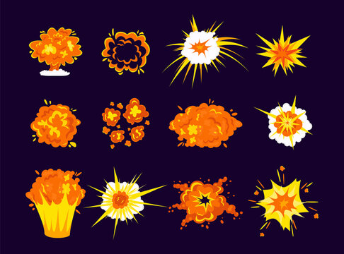 Fire clouds from explosion flat vector illustrations set. Cartoon drawings of smoke, boom or bang comic effect from crash, bomb, dynamite, explosives on purple background. Danger, destruction concept