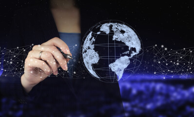 Rule the world, world domination concepts. Hand holding digital graphic pen and drawing digital...