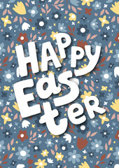 Postcard with inscription Happy Easter and flowers. Cute childish illustration.