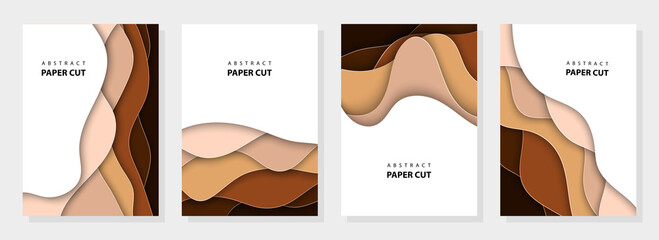 Vertical vector flyers with different skin tones paper cut waves shapes. 3D abstract paper style, design layout for flyers, posters, prints, decoration, cards, brochure cover, banners. - obrazy, fototapety, plakaty