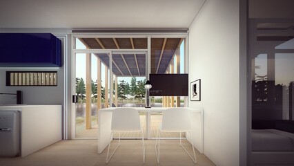 dinning room of modern tiny house 3d illustration