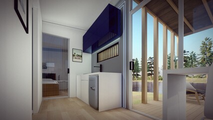 Fototapeta na wymiar kitchen of tiny house 3d illustration