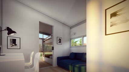 living room of tiny house 3d illustration
