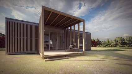 modern tiny house persepective with wooden facade 3d illustration
 - obrazy, fototapety, plakaty