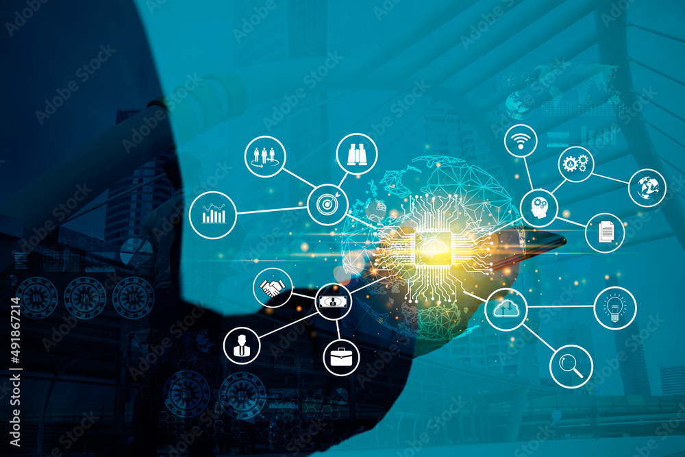 Poster businessman using mobile smart phone. business global internet connection application technology and