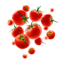 Red tomatoes levitate on a white background