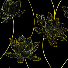 Golden lotus on the black background seamless pattern . vector.