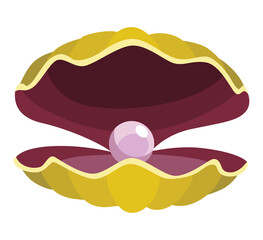 Pearl in seashell. Open seashell scallop and pearl shell icon. Beautiful pearl in clam shell in cartoon flat style. Vector illustration isolated on white background