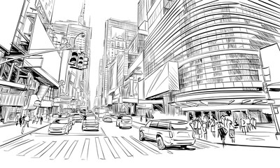 Times square. New York. USA. Hand drawn city sketch. Vector illustration.