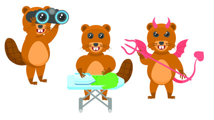 Set Abstract Collection Flat Cartoon Different Animal Beavers Looking Through Binoculars, Ironing Clothes, Devil With Horns And Trident Vector Design Style Elements Fauna Wildlife
